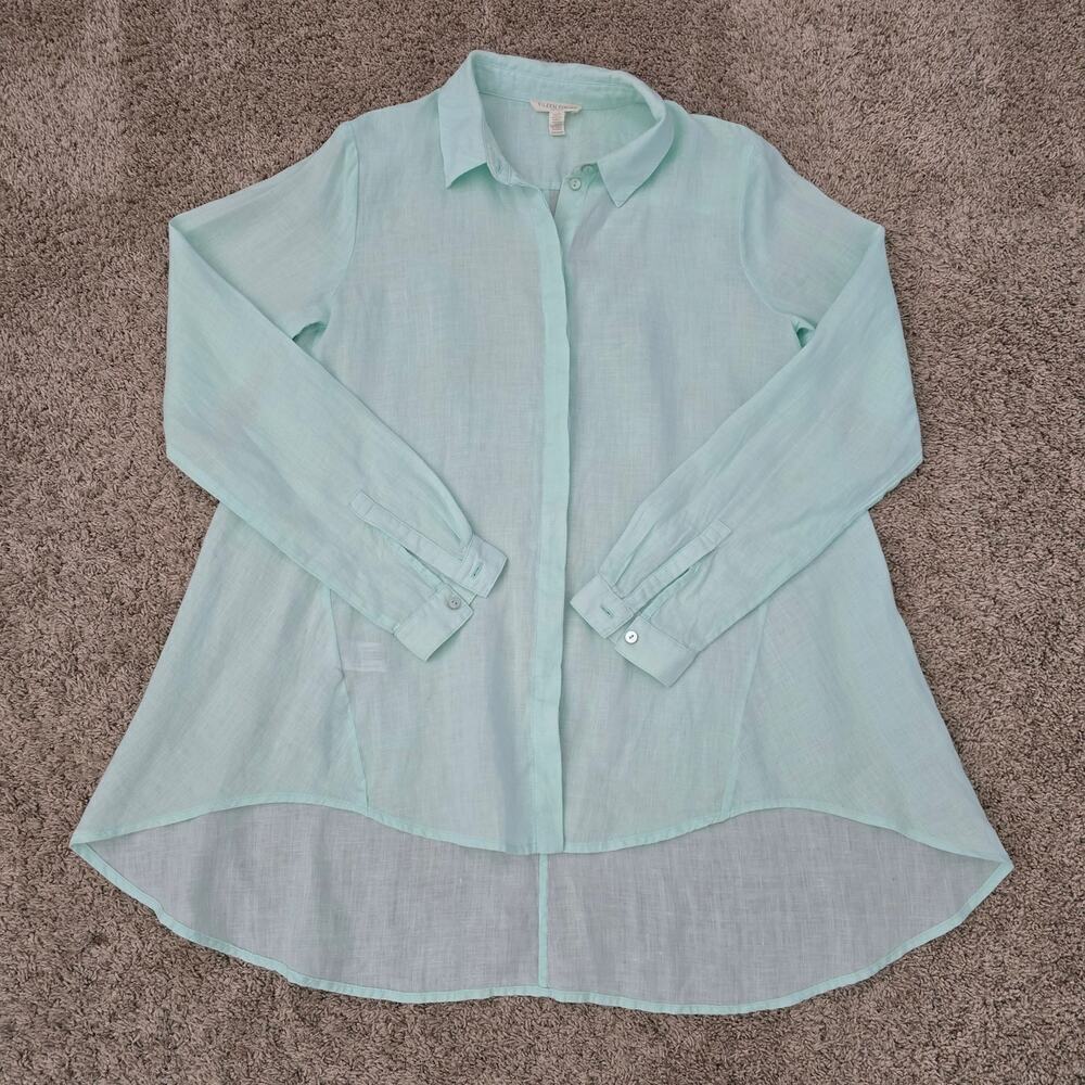 Eileen Fisher Organic Linen Tunic Top Sz S Green Minimalist Lagenlook Coastal